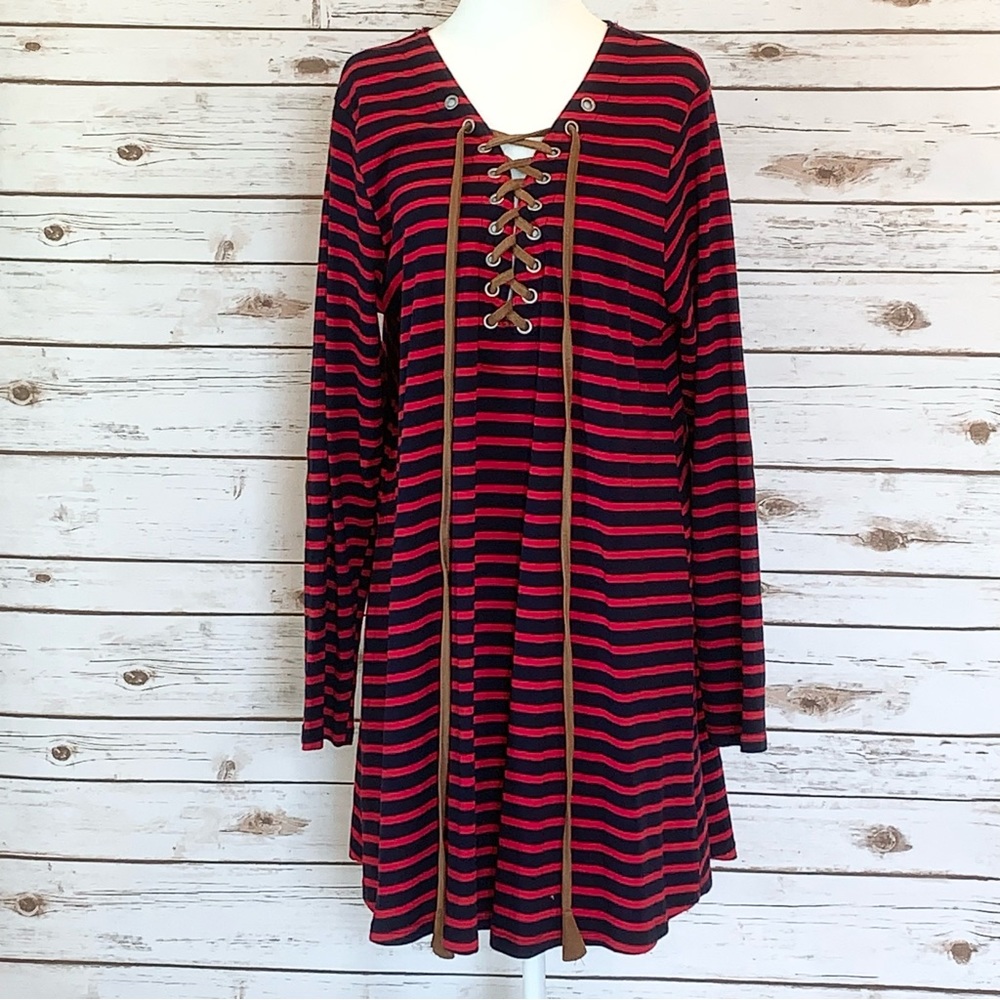 UMGEE RED AND NAVY STRIPED DRESS WITH SUEDE-LIKE DETAILS